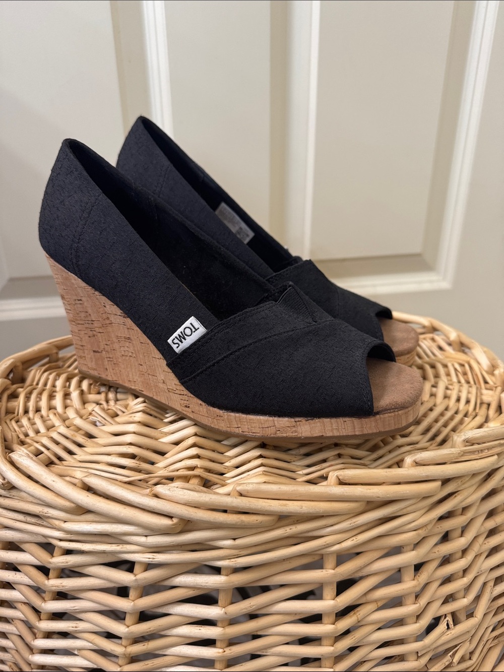 TOMS Black Cork Wedge Peep-Toe Slip-On